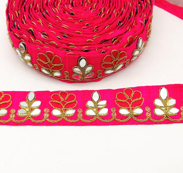 Fuchsia Pink Silk Trim With Mirrors Embellishments and Gold Embroidery, Approx. 38mm Wide, Decorative Trim Costume Trim Floral Trim By Yard